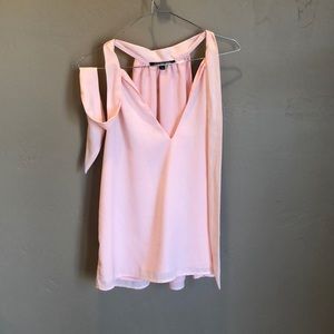 Baby pink satin top with neck tie and deep V neck